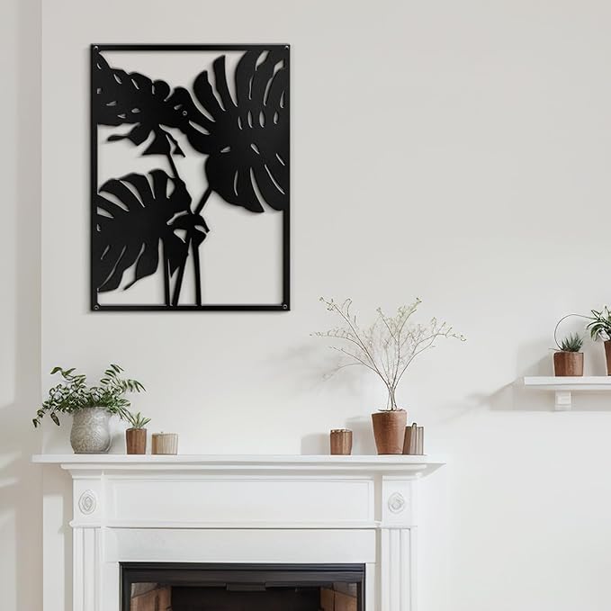 SIGNLEADER Metal Wall Art Decor Three Tropical Monsteras Leaf Minimalist Modern Abstract Wall Sculpture Hangings Home Decoration for Living Room, Bedroom, Bathroom, Kitchen, Outdoor - 24" Black