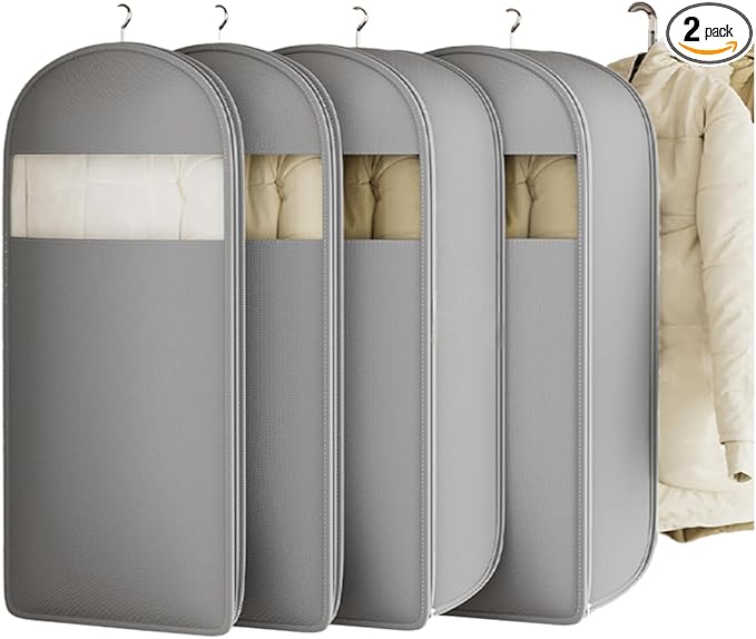 2 Packs Gusseted Garment Bags for Hanging Clothes Suit Bags for Open Closet Storage, Side Clear Clothing Cover for Coat, Dress, Jacket, Shirt, Fur Wardrobe Protector, (grey, 35 inch)