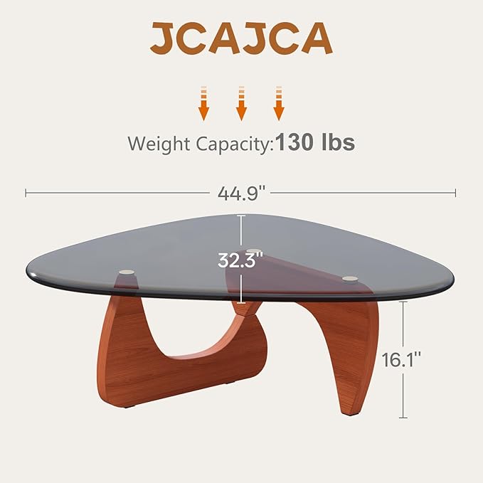 Coffee Table for Living Room Mid Century Modern Center Small Table with Glass Top and Wood, Walnut Brown