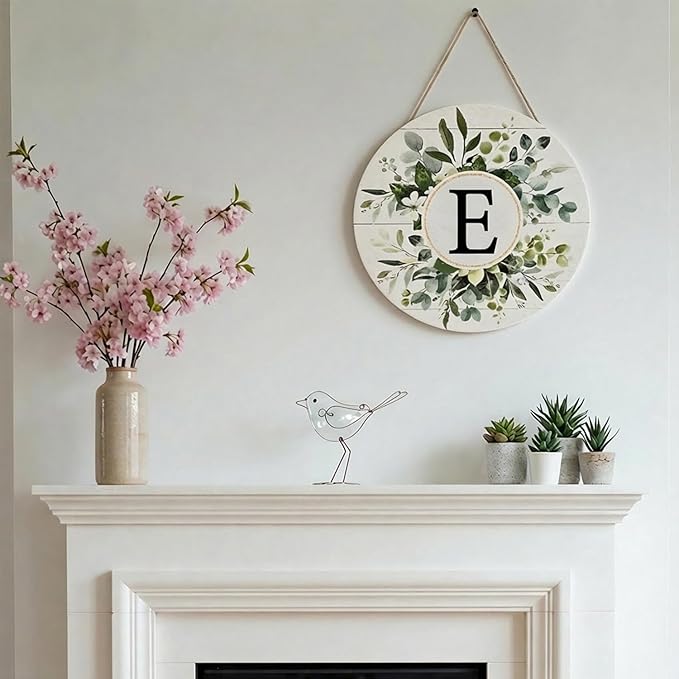 Smile Monogram Letter E Wreaths Wooden Welcome Sign, Family Last Name Initial Front Door Wall Decoration, Floral Spring Summer Porch Rustic Home Kitchen Decor