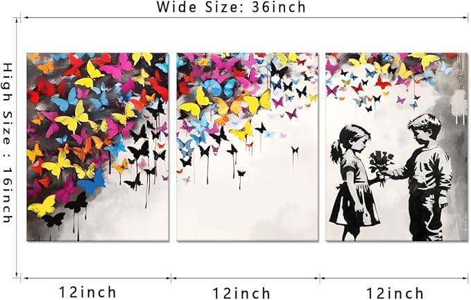 Novatique Banksy Canvas Wall Art for Bedroom Street Graffiti Wall Art Colorful Butterfly Painting Canvas Prints Pop Art Wall Decor for Living Room Office,12" x 16" x 3Pcs