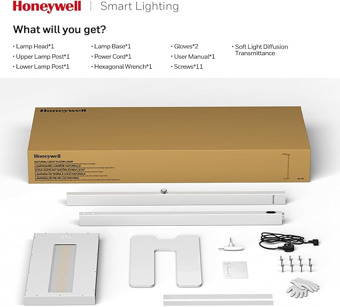 Honeywell 10400LM LED Floor Lamp, 02E Pro Sunturalux Eye-Caring Reading Standing Light, 100W Modern Natural Daylight 4000K Dimmable 77" Tall Floor Lamps for Living Room Kids Study Home Office