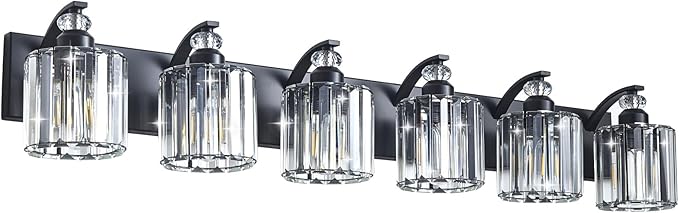 6-Light Black Bathroom Light Fixture Modern Vanity Lights Over Mirror Vintage Wall Sconce Lighting for Bathroom, Bedroom, Living Room, Hallway E26 Base with Crystal Bathroom Vanity Light