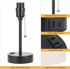Small Bedside Lamps 3 Color Modes - Off White 3000K 4000K 5000K Bedroom Lamps with USB C and A Ports, Pull Chain Table Lamps with AC Outlet, Nightstand Lamps with Black Metal Base for Kids Reading