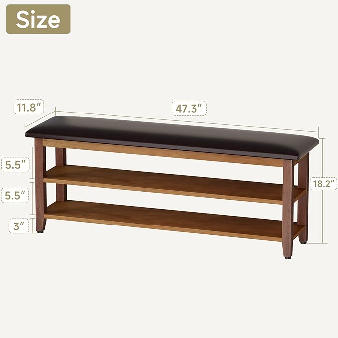 Shoe Bench with Leather Cushion,Wood Bench with Shoe Rack,2-Tier Shoe Storage Organizer for Entryway,Hallway,Living Room (Brown, 2-Tier-47.3")