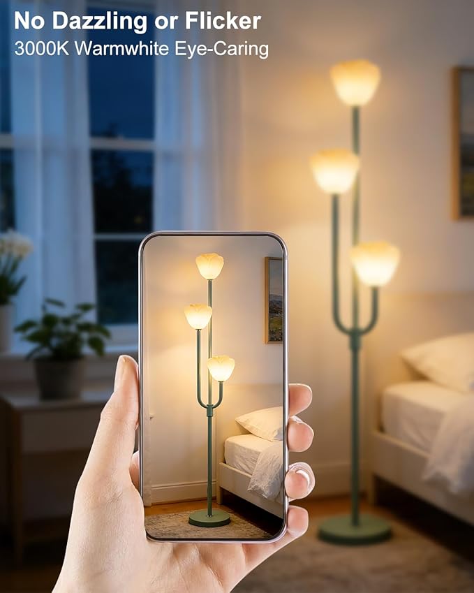 Lightdot 66IN Flower Floor Lamp 3-Lights Vintage Floor Lamps with 3000K Bulbs Included for Wedding Party Modern Dimmable Green Standing Tall Lamp for Living Room/Bedroom/Sofa Beside/Corner Decor