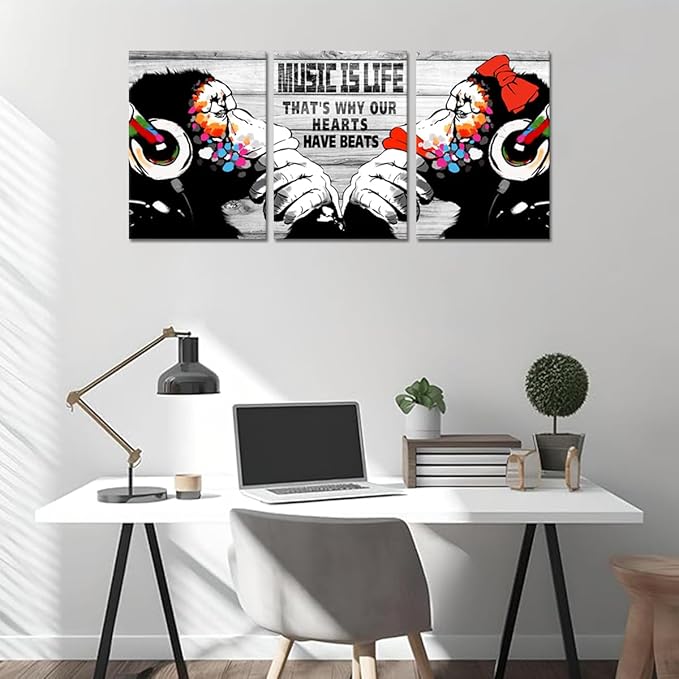 Novatique Banksy Canvas Wall Art Street Wall Art Music is Life Monkey Graffiti Pictures Print Graffiti Art Wall Decor for Living Room Bedroom Bathroom, 12" x 16" x 3Pcs