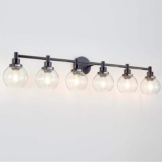 6-Light Bathroom Light Fixture Black Vanity Lights Over Mirror Modern Wall Sconce Farmhouse Vintage Bathroom Vanity Lighting with Glass Shade for Bedroom Hallway Cabinet Bathroom