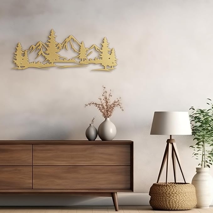 SIGNLEADER Metal Wall Art Decor Mountain Pine trees Modern Abstract Wall Sculpture Hangings Home Decoration for Living Room, Bedroom, Bathroom, Kitchen, Outdoor - 30" Gold