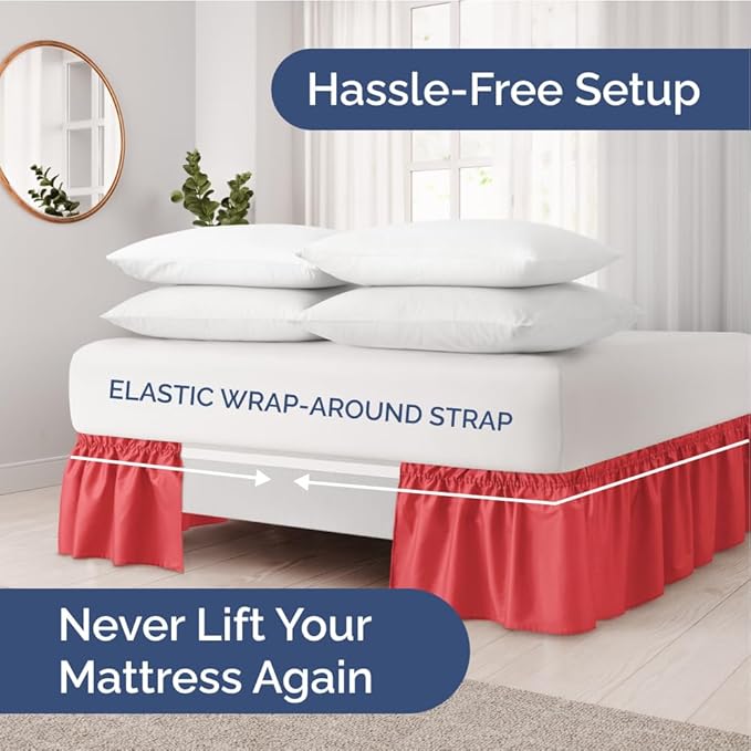 Wrap Around Dust Ruffle Bed Skirt - Red - for King Size Beds with 18 Inch Drop - Easy Fit Elastic Strap - Adjustable Pleated Bedskirt w/Brushed Fabric - Wrinkle Free - for Women, Men, Kids & Teens