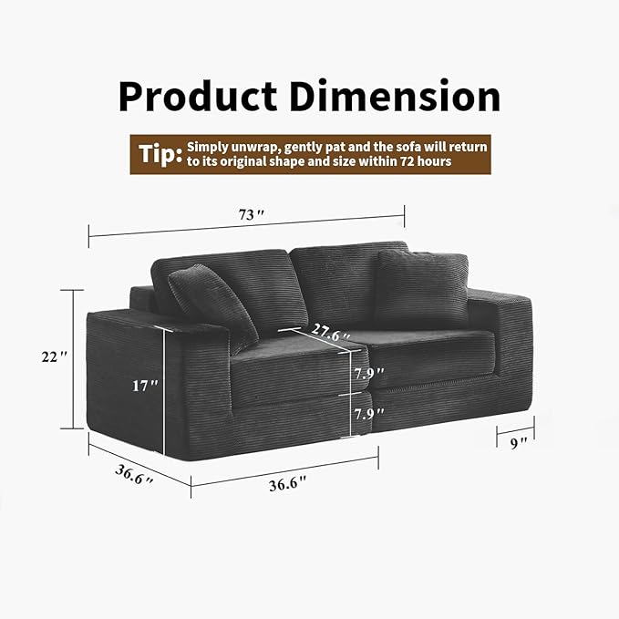 FILUXE Modular Sectional Sofa, Modern Modular Sofa Couch with Deep Seat，Comfy Cloud Couch, Sectional Couches for Living Room, Bedroom and Apartment，2-Seater，Dark Grey