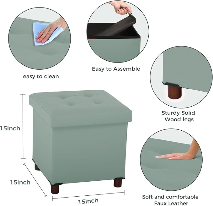 Storage Ottoman, Ottoman with Storage for Living Room Square Ottoman with Tray Lid Bedroom Storage Footstool Cube Small Ottomans Foot Rest Stool with Legs Foldable Faxu Leather 15" Inches