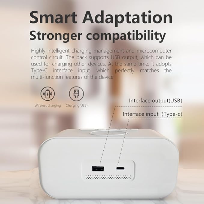 IHAO 5in1 Multi-Functional Alarm Clock with Wireless Charging 15W Fast Charger for Phone & Earbuds 3 Group Alarms, Dimmable Night Light, USB Port, Digital Clock Adjustable Light Mini Mirror QXF-805