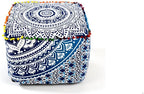 CRAFT KALA Indian Square Patchwork Traditional Pouf Cover Indian Living Room Poufs Cover Decorative Designer Ottoman Pom Pom Home Living Footstool Chair Cover Ottoman Decor 18X18X14 inches, Blue Ombre