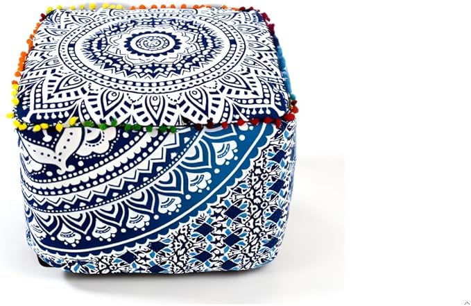 CRAFT KALA Indian Square Patchwork Traditional Pouf Cover Indian Living Room Poufs Cover Decorative Designer Ottoman Pom Pom Home Living Footstool Chair Cover Ottoman Decor 18X18X14 inches, Blue Ombre