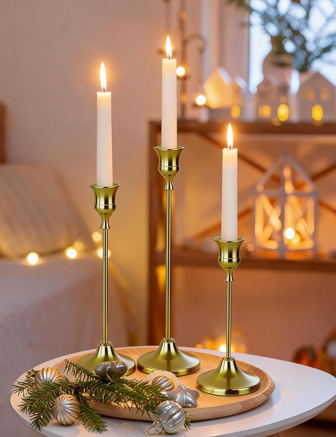 4 Sets(12 Pcs) Brass Tapered Candle Holder,Candlestick Tall Metal Candlestick Holders for Table Centerpiece Home Decor for Wedding Fireplace Mantel Housewarming Gift Fits 3/4 Inch Thick Candles