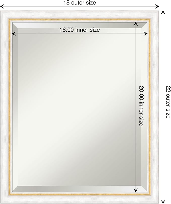 Amanti Art White Wall Mirror 22x18 Morgan White Gold Rectangle Bathroom Mirror for Wall Decor Living Room, Small Modern Wood Frame, Hangs Horizonally and Vertically, Bathroom Decor, Beveled Edge