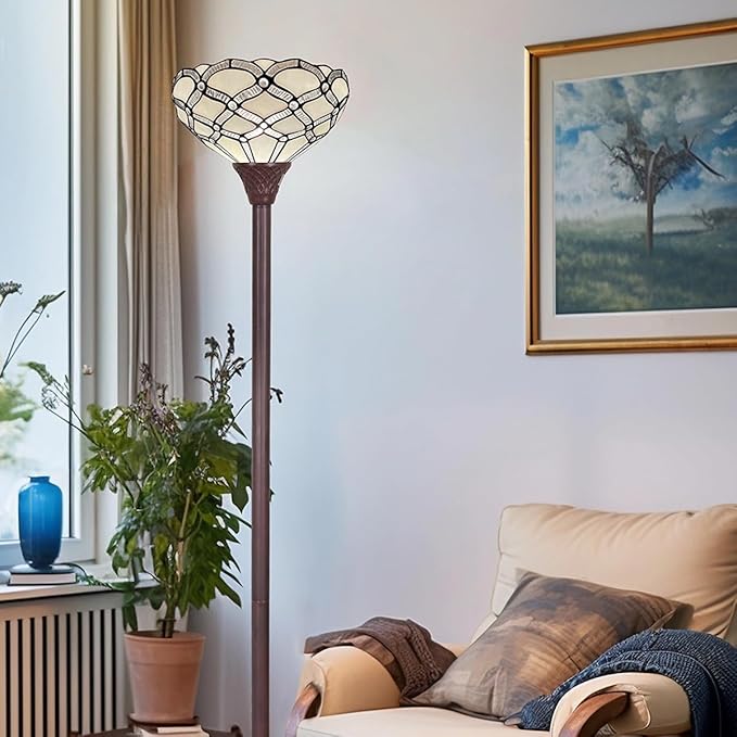 Tiffany Torchiere Floor Lamp,Handcrafted Stained Glass Lamp Shade,Antique Style Standing Corner Light for Living Room and Bedroom