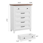 GarveeHome 5 Dresser for Bedroom, 41.3 in Tall Vertical Drawer Dresser with Large Storage, Freestanding Wooden Closet Chest for Bedroom, Living Room, White + Brown