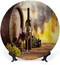 Ceramic Display Plate, Wine Ceramic Hanging Decorative Plate, Red and White Wine Bottle Glass on Wooden, 8 Inch, Living Room Kitchen Decoration Household, Brown Light Green Yellow