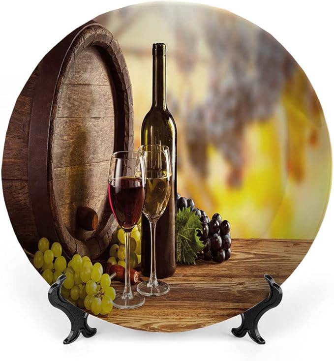 Decorative Plates, Wine Print Ornament, Red and White Wine Bottle Glass on Wooden, 10 Inch, Kitchen Wall Decor, Brown Light Green Yellow