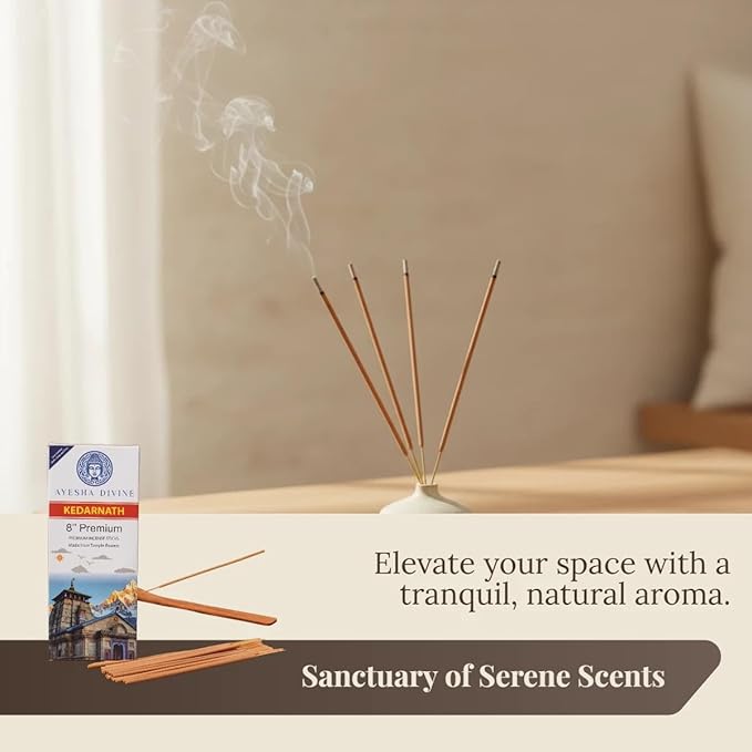 Premium Incense Sticks, 8 Inch, Made from Temple Flowers, Includes Incense Burner Stand, Kedarnath Scent, 80 Count, Palo Santo and White Sage Blend, Home Meditation Aromatherapy