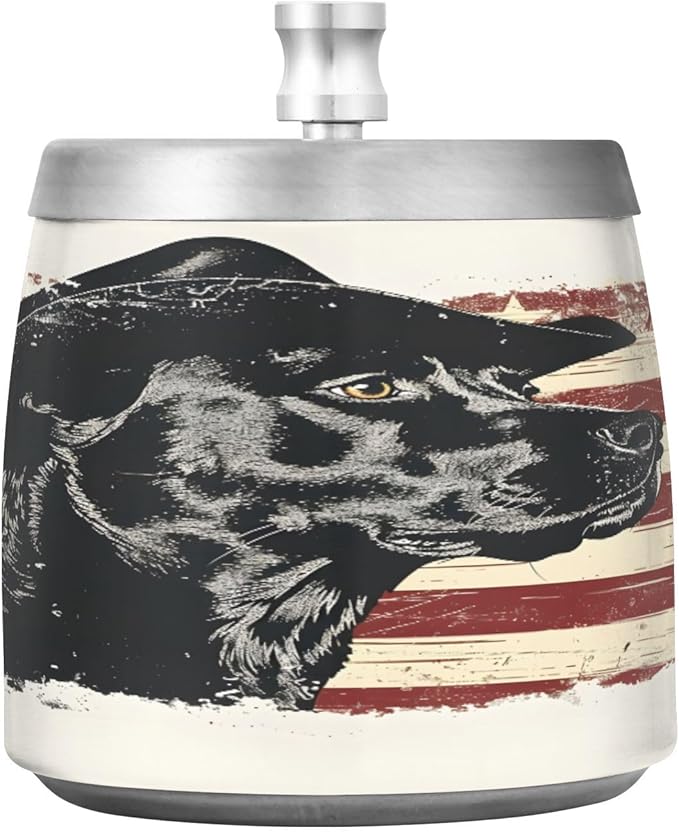 Cowboy Dog Vintage American Flag Ashtray with Lid, Outdoor Ashtrays for Patio, Stainless Steel Ashtray Odorless Smokeless for Home Office Balcony