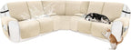 Reclining Sectional Couch Covers 100% Waterproof Velvet L Shape Recliner Couch Covers for Sofa Pets Washable Anti Slip Recliner Slipcovers with Pockets (5 Seat Sofa with 2 Console, Beige)