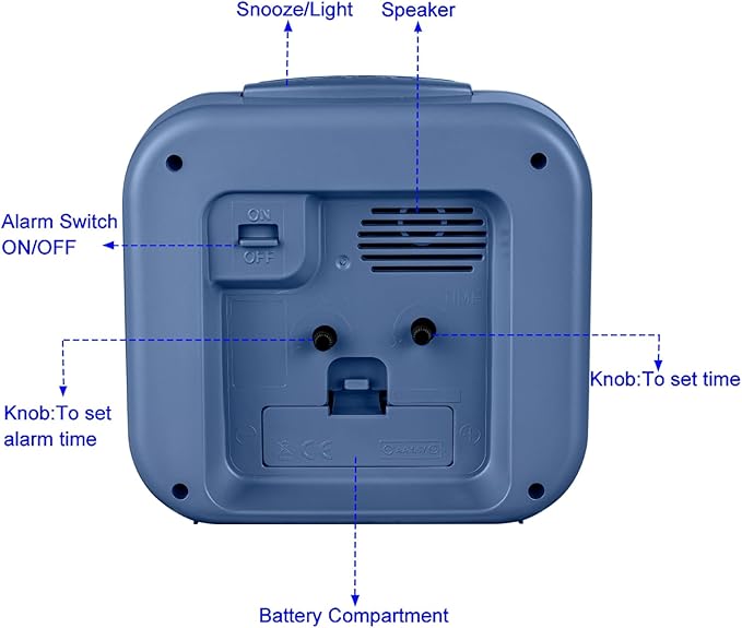 5.5" Large Analog Alarm Clock • Silent Non Ticking • Gentle Wake • Beep Sounds • Increasing Volume • Battery Operated Snooze and Manual Light • Retro Blue