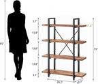 HSH Solid 4 Tier Natural Real Wood Bookshelf, 4 Shelf Rustic Wooden and Metal Bookcase, Farmhouse Open Vintage Industrial Etagere Book Shelf for Office Living Room Bedroom Storage, Distressed Brown