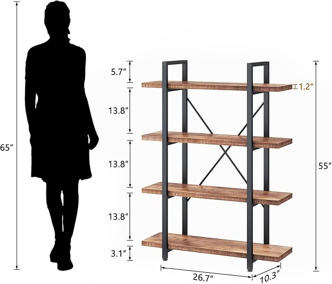 HSH Solid 4 Tier Natural Real Wood Bookshelf, 4 Shelf Rustic Wooden and Metal Bookcase, Farmhouse Open Vintage Industrial Etagere Book Shelf for Office Living Room Bedroom Storage, Distressed Brown