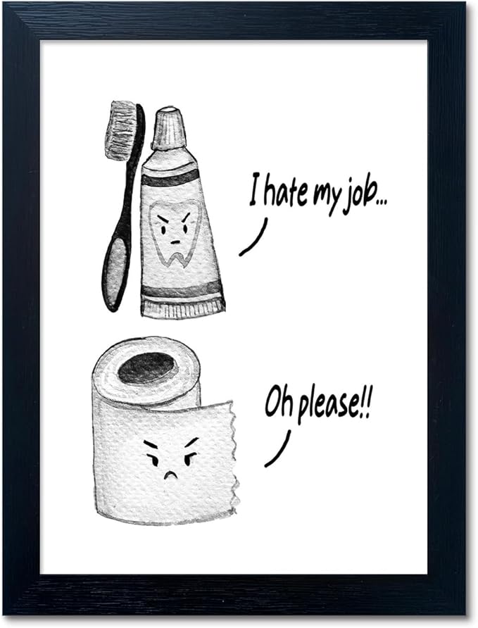 Kids Bathroom Wall Decor Framed Black and White Bathroom Print Funny Toliet Paper and Toothbrush Picture Artwork for Children's Bathroom