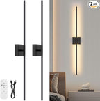 Wall Sconces Set of Two with Remote Control, 39.4 in Dimmable Black Battery Operated Wall Lights, 350° Ratation 3000K-6000K LED Wireless Rechargeable Sconce for Bathroom, Living Room, Bedroom