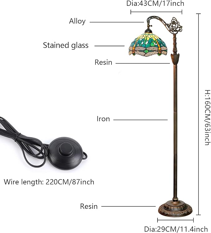 Tiffany Floor Lamp Green Dragonfly Stained Glass Lamp Adjustable Gooseneck Standing Reading Light 63 inches Tall Standing Lamp for Living Room Bedroom and Office