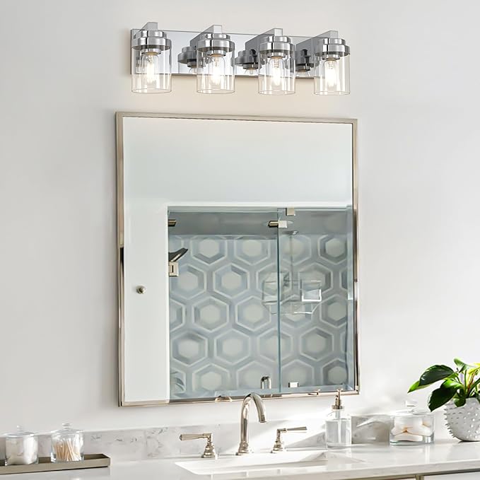 Chrome Bathroom Vanity Light, 4 Light Modern Vanity Lights with Clear Glass Shade, Farmhouse Bathroom Vanity Lighting Fixtures Over Mirror for Living Room,E26