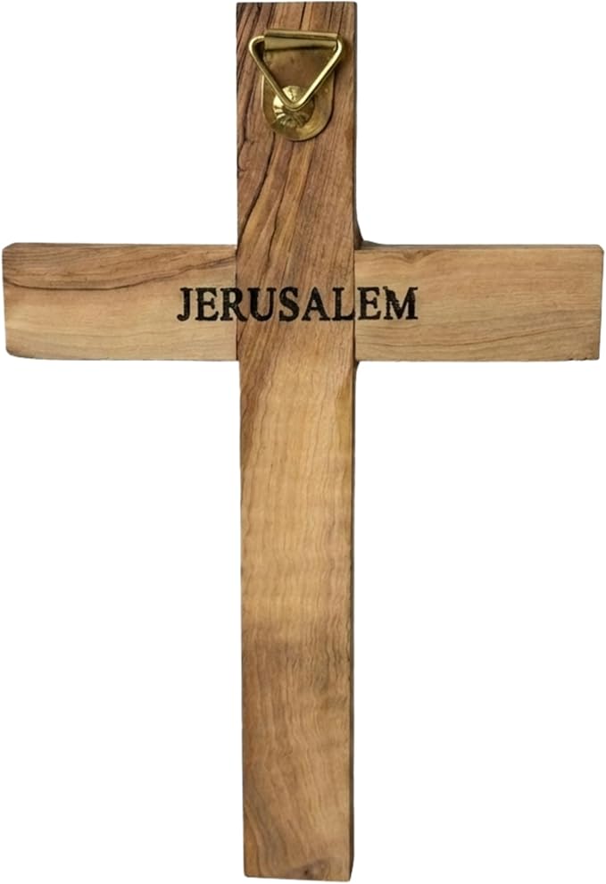Spring Nahal Handcrafted Olive Wood Wall Cross from Bethlehem - Natural Finish Christian Crucifix with Certificate - 7.9 Inch / 20 cm