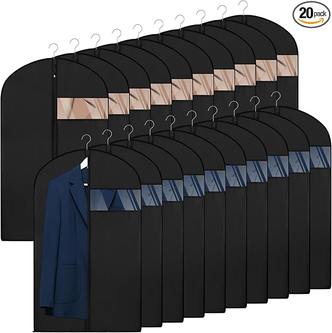 20 Pack Garment Bags for Hanging Clothes,Suit Bags For Closet Storage and Travel with Clear Window 40-inch Suit Garment Bag for Men Women Skirt Shirt Coat,Black