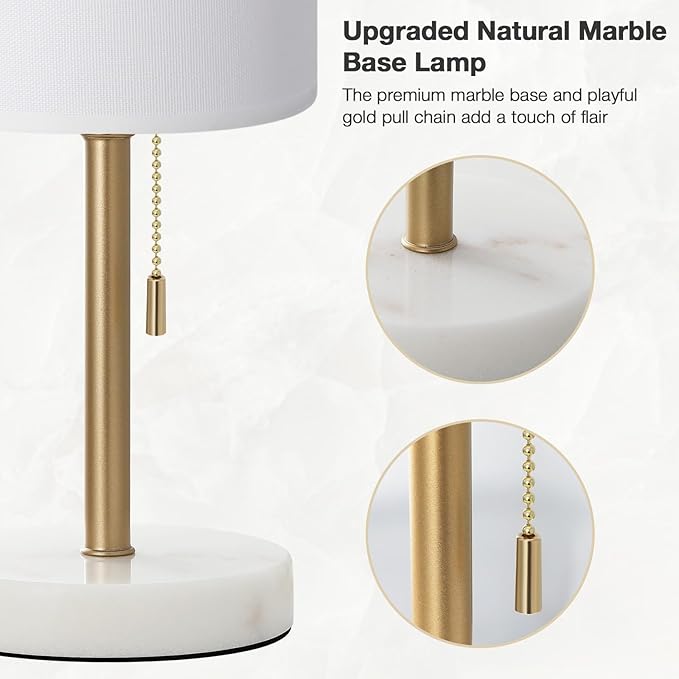 Dicoool Tall Bedside Table lamp for Bedroom - Luxury Marble Base & 3 Color Temperatures Bedside Lamps with USB Ports, Pull Chain Gold Table Lamps, White Nightstand Lamps for Living Room/Guest Room