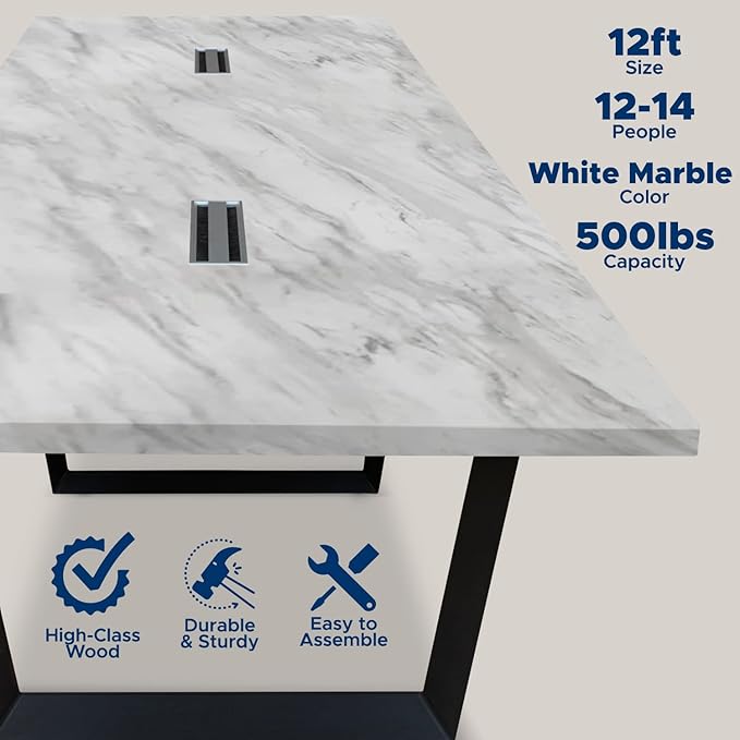 Sturdy Conference Table with Cable Management Grommets Modern Rectangle Office Meeting Table with Wood Tabletop and Metal Frame & Legs- Easy Assembly Boardroom Table (White Marble, 12 Foot)
