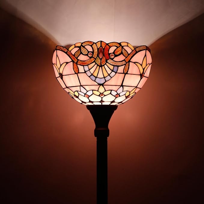 WERFACTORY Tiffany Floor Lamp Pink Baroque Stained Glass Light 12X12X71 Inches Pole Torchiere Standing Corner Torch Uplight Decor Bedroom Living Room Home Office S003P Series