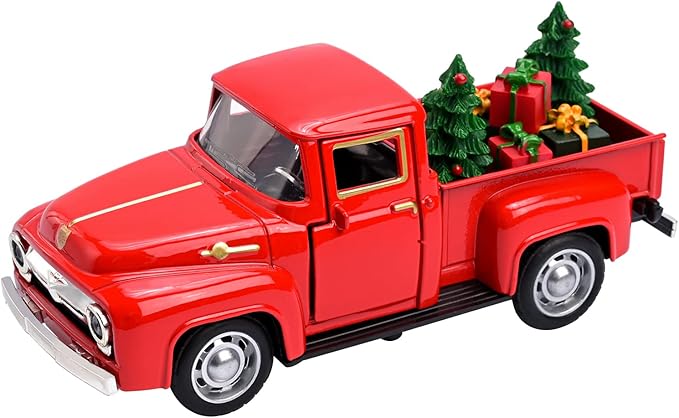 Christmas Red Truck Decor with Xmas Tree and Gifts Bags Little Red Pickup Metal Vehicle Vintage Christmas Decorations Rustic Farmhouse Table Decor Tiered Tray decor kitchen Shelf Decor Home Decor