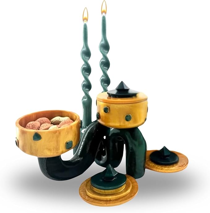 Luxury Centerpiece Serving Pedestal Bowl & Candle Holder Stand Combo with Stone Accents (Gold Combo Pedestal Bowl with Green Candle Holder Stand & Stone Accents, Set of 2)