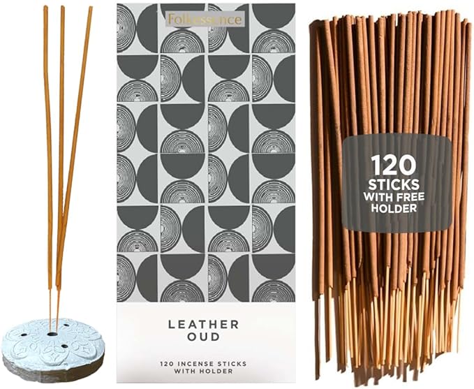 Folkulture Incense Sticks | Set of 120 Insence-Sticks with Holder for Relaxation | Leather Oud Incense| Organic, Slow Burning & Non Toxic Inscents | Luxe Fragrances for Meditation, Relaxation
