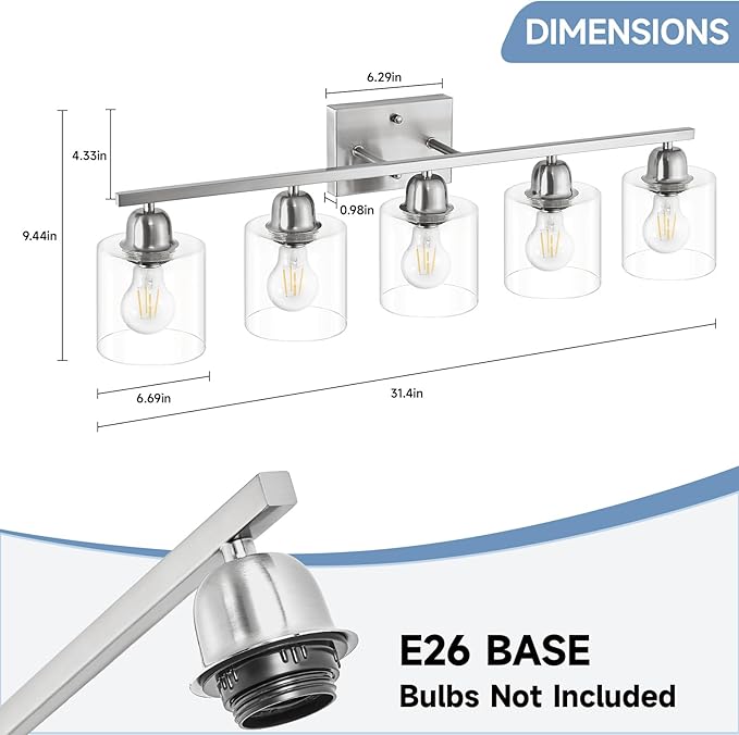 Modern Brushed Nickel 5 Light Bathroom Vanity Light, 31 inch Bathroom Lights Fixtures, Vanity Lights for Mirror Kitchen Living Room Hallway Cabinet Porch