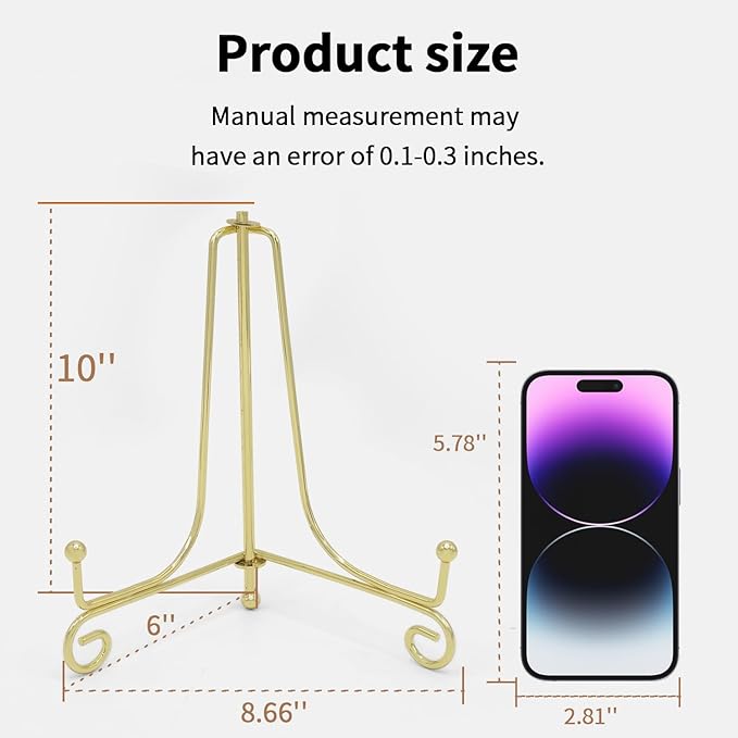 Iron Plate Stands for Display, Foldable Book Holder & Easel Stand for Sign, Versatile Poster Stand and Small Plate Stand for Home Decor, Art, Photo Frame, Card, Crystal Display (Gold, 10 inch (2Pcs))