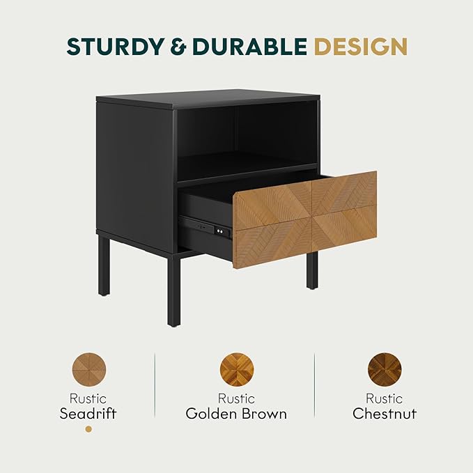 Bme Vivian Solid Wood Nightstand, End Table, Bedside Table with Herringbone Pattern for Rustic Bedroom, Easy Assembly, Rustic Seadrift and Black