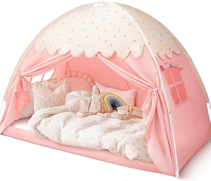 Sherilyn Twin Bed Canopy Tent, Canopy on Bed Privacy Space Sleeping Blackout Tents Bunk Bed Tent Twin Size (Pink)