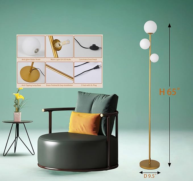 Fiqevs 3 Globe Mid Century Modern Floor Lamp for Living Room, Gold Floor Lamp with Frosted Glass Shade and LED Bulbs, Warm Light Standing Tall Pole Lamp for Bedrooms, Office - Antique Brass
