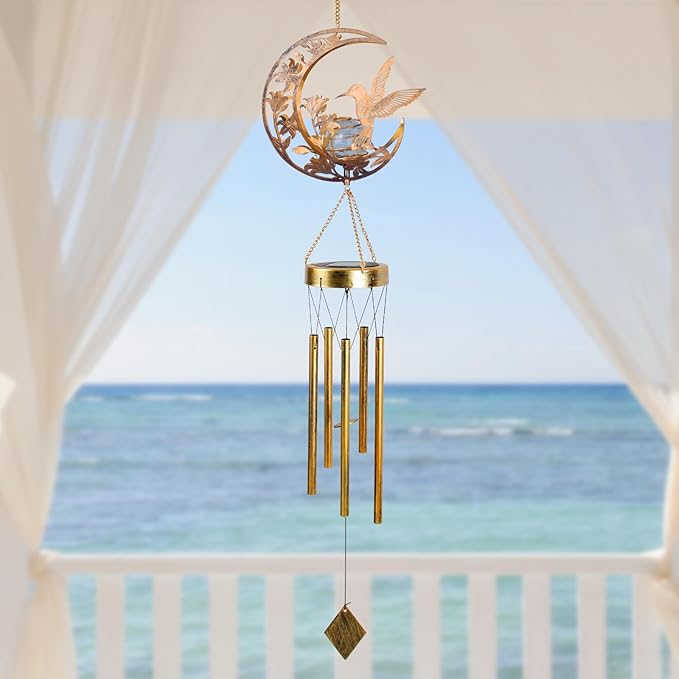 JOBOSI Moon Hummingbird Wind Chimes Decor Gifts, Solar Hummingbird Wind Chimes for Outside, Mother's Day Wind Chime Gift, Gifts for Mom, Women, Grandma, Outdoor Garden Lawn Yard Decor