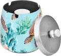 Aqua Sea Turtles Corals Ashtray with Lid, Outdoor Ashtrays for Patio, Stainless Steel Ashtray Odorless Smokeless for Home Office Balcony